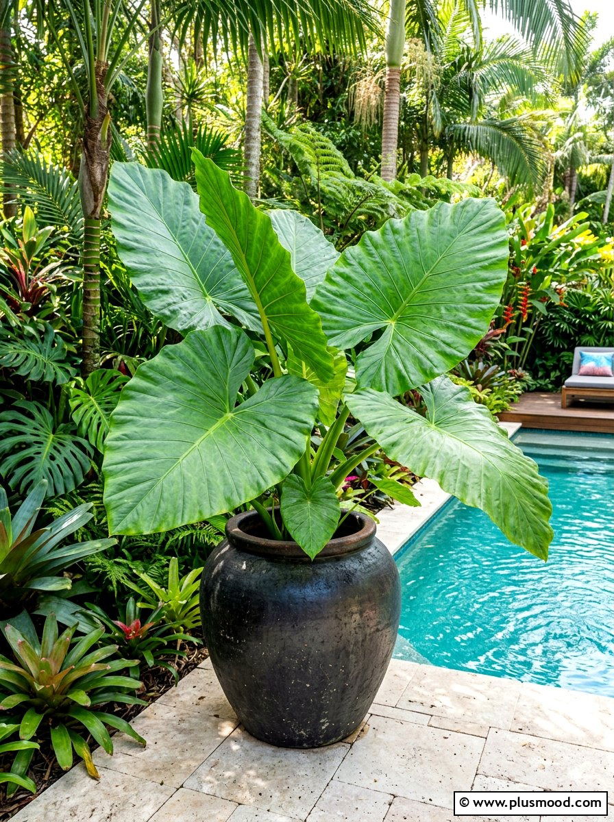 Elephant ear foliage planter - 25 summer poolside planter ideas