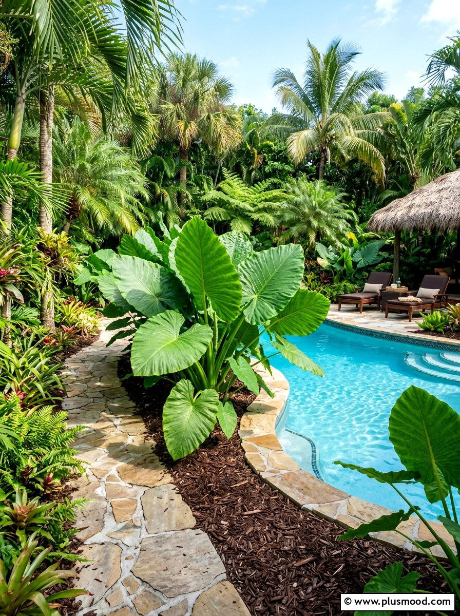 Elephant ear pool perimeter - 25 pool landscaping ideas with tropical plants