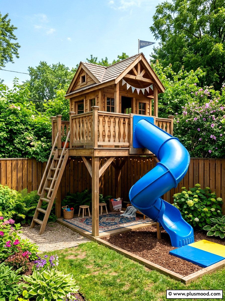 Elevated playhouse with slide for tight space - 25 small backyard ideas with playhouse