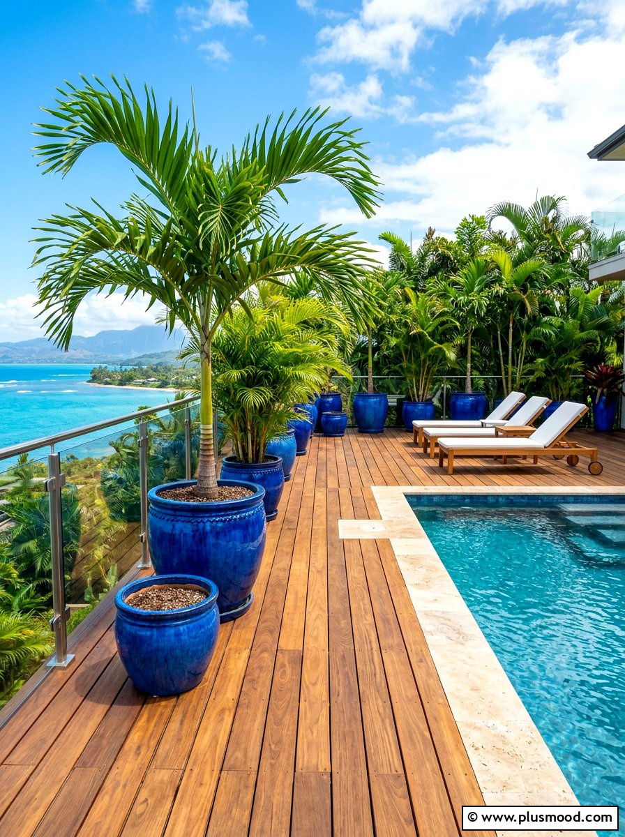 Elevated pool deck with potted palms - 25 summer pool landscaping ideas with palms