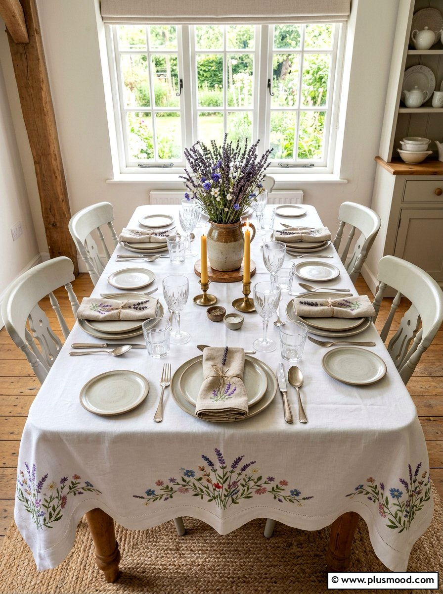 Embroidered table linen - 25 summer English cottage summer decor ideas