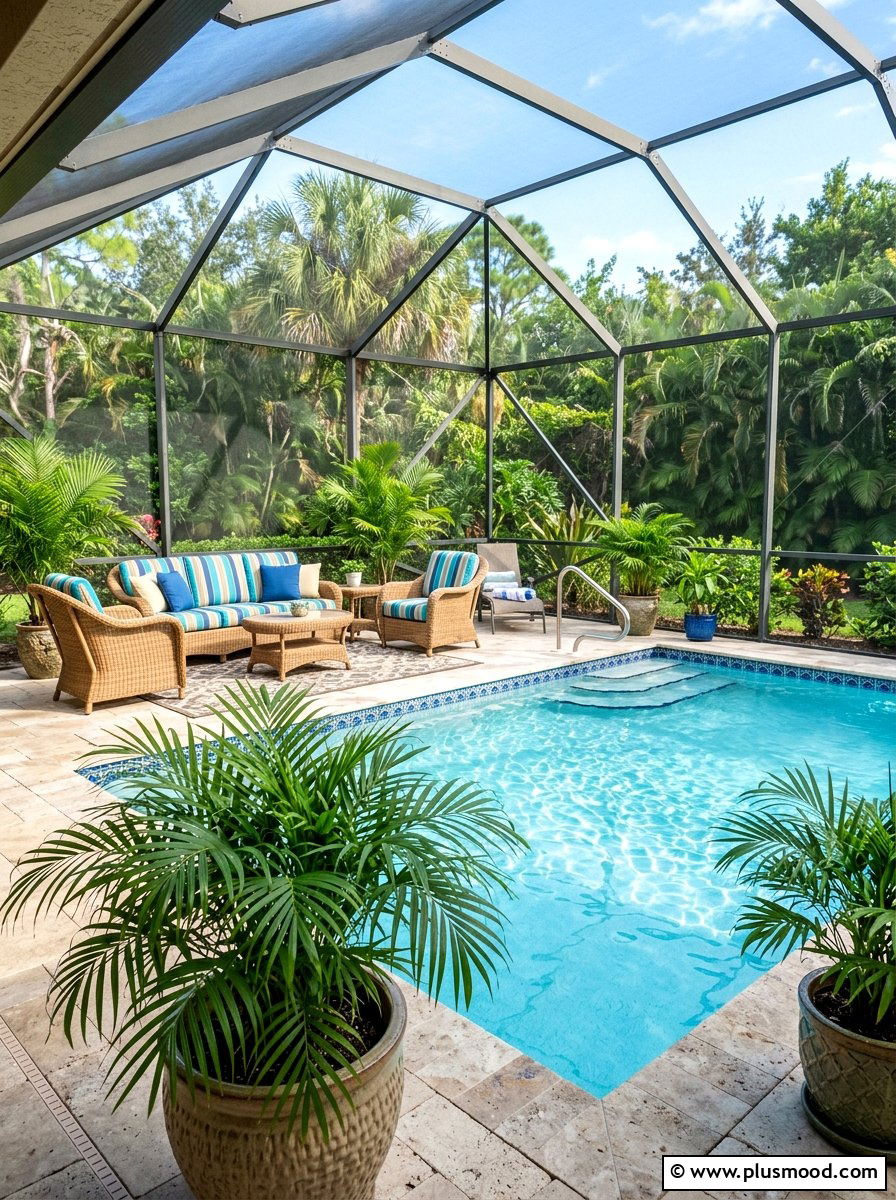Enclosed pool patio with parlor palms - 25 summer pool landscaping ideas with palms