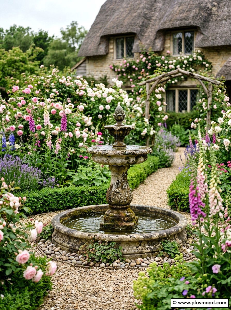 English Cottage Garden Fountain - 25 small backyard ideas with fountain