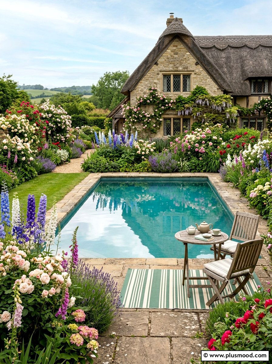 English Cottage Pool Landscape - 25 pool landscaping ideas with outdoor rug