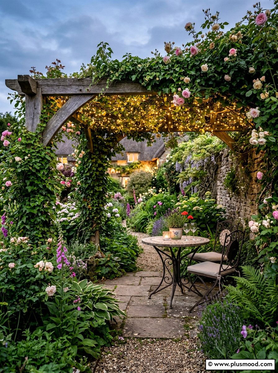 English Garden Ivy Twinkle Lights - 25 small backyard ideas with pergola lights