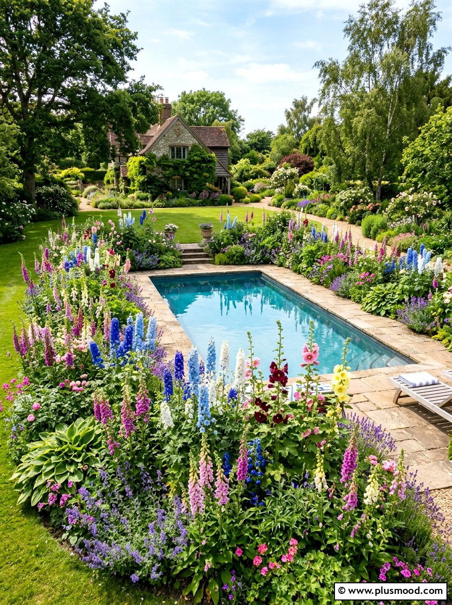English garden pool landscape - 25 pool landscaping ideas for cottagecore theme