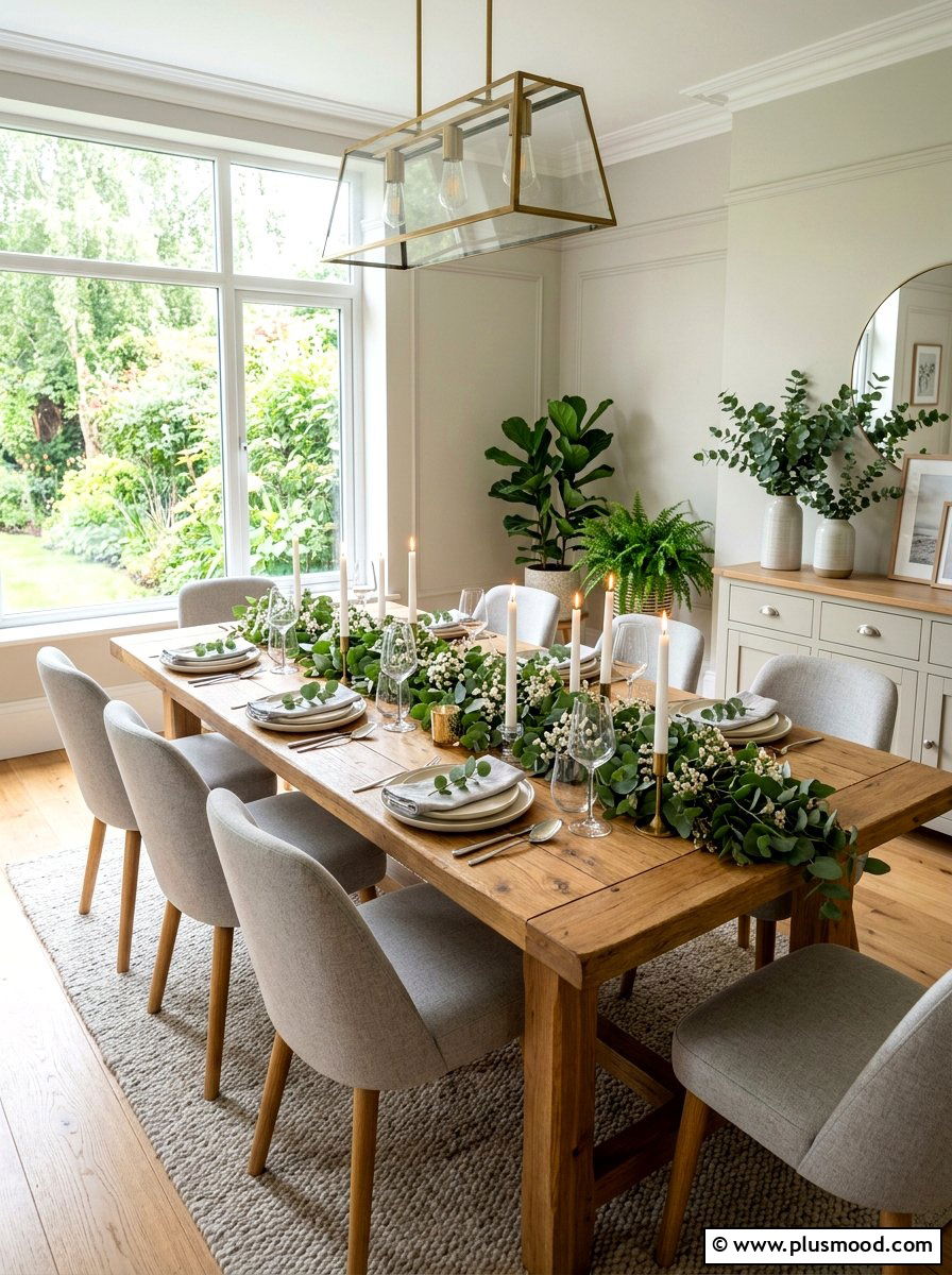 Eucalyptus Greenery Dining Space - 25 summer tablescape ideas for dining room