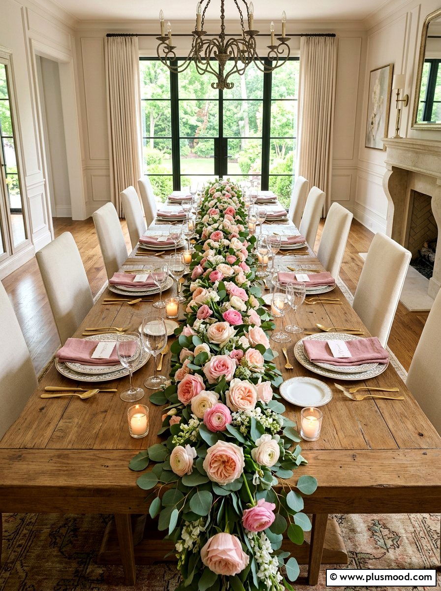 Eucalyptus Rose Garland - 25 summer floral table decor ideas
