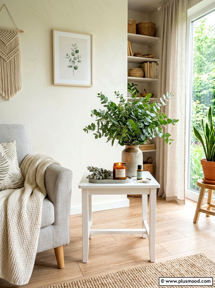 Eucalyptus Scented Wellness Corner - 25 summer candles decor ideas for living room