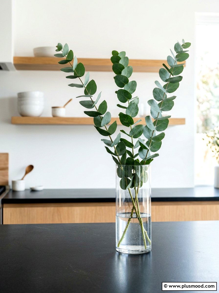 Eucalyptus Stem In Vase - 25 summer kitchen counter decor ideas