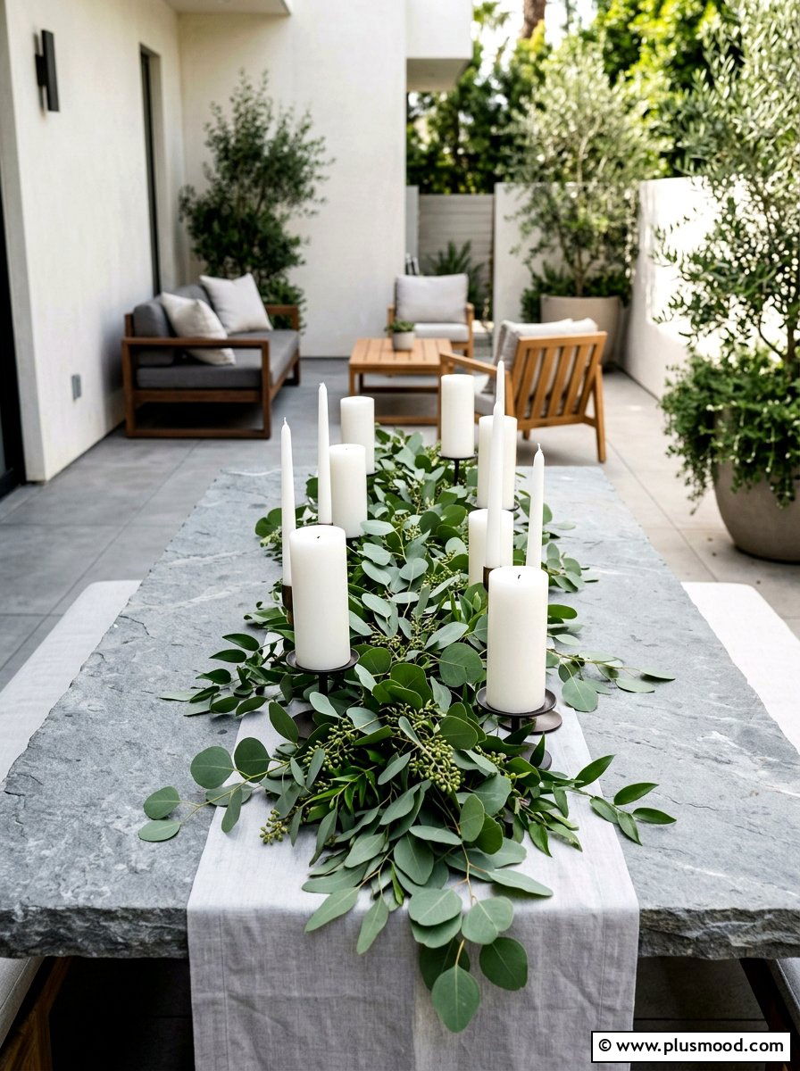 Eucalyptus and candle display - 25 summer outdoor centerpiece ideas