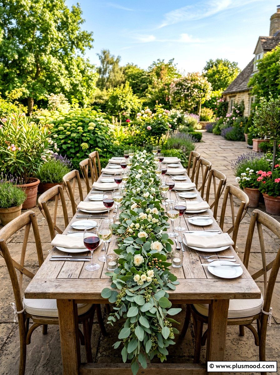 Eucalyptus and rose garland - 25 summer patio centerpiece ideas