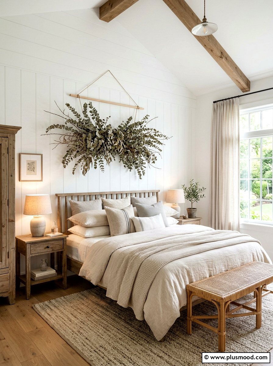 Eucalyptus branch bedroom headboard - 25 late summer farmhouse decor ideas