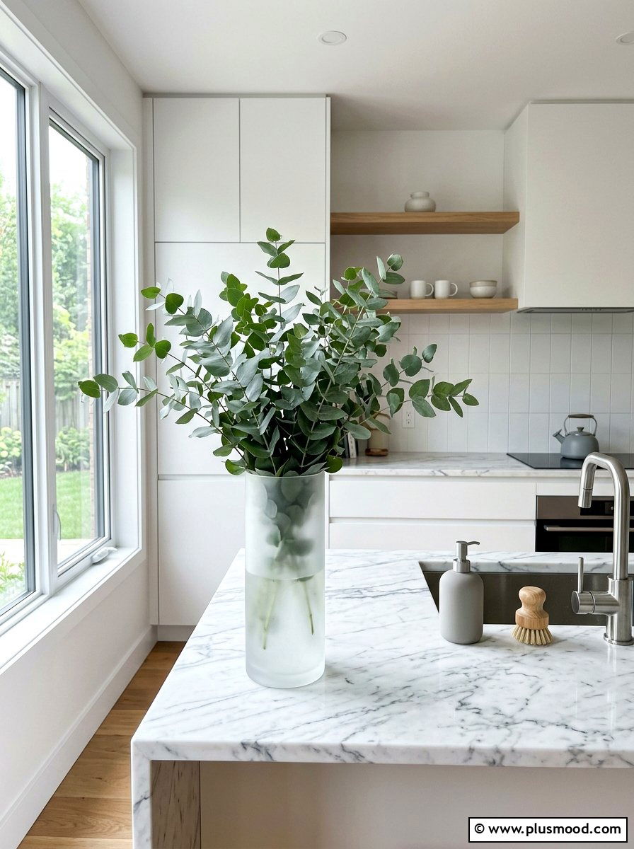 Eucalyptus greenery sprigs - 25 summer kitchen window decor ideas