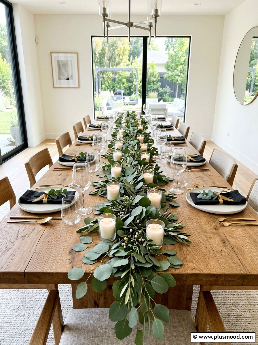 Eucalyptus leaf table runner - 25 summer kitchen centerpiece ideas