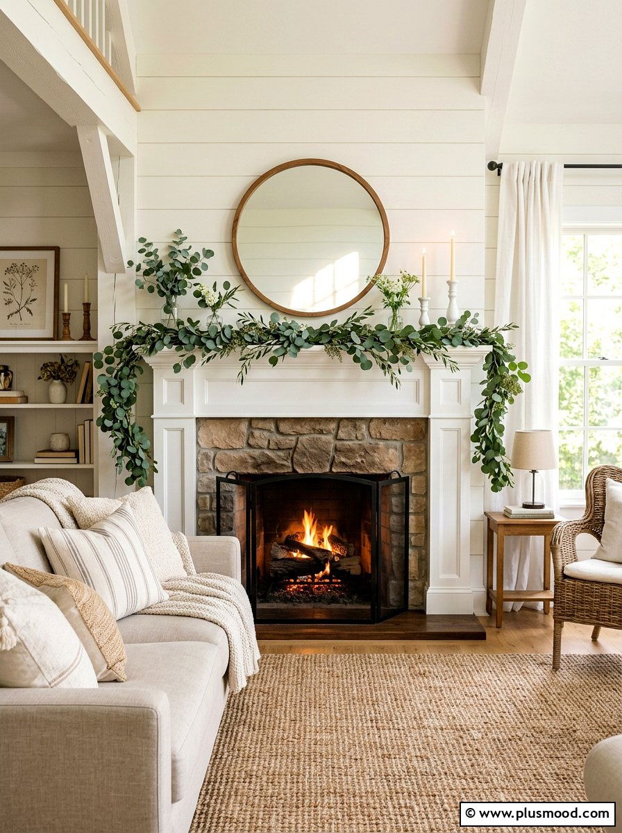 Eucalyptus mantle display - 25 summer greenery decor ideas for living room