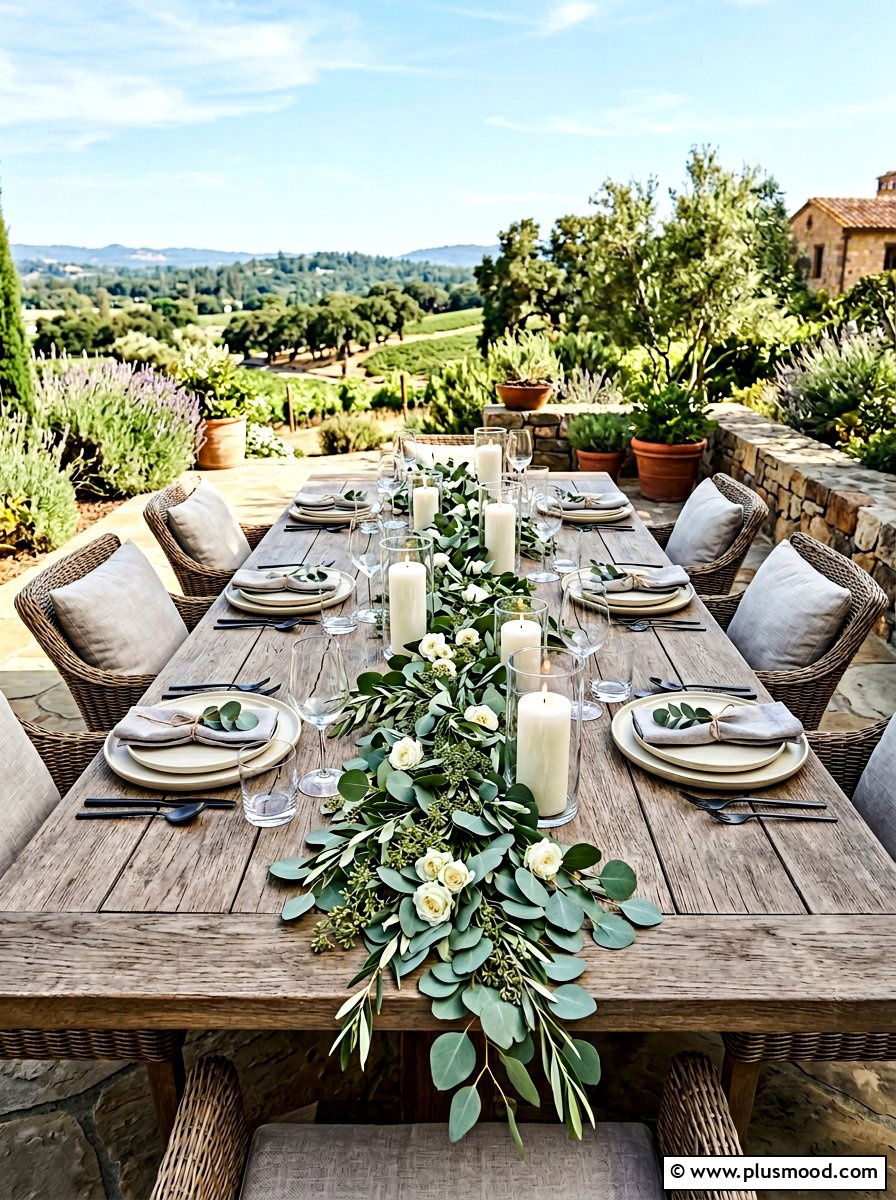 Eucalyptus outdoor table runner - 25 summer patio table decor ideas