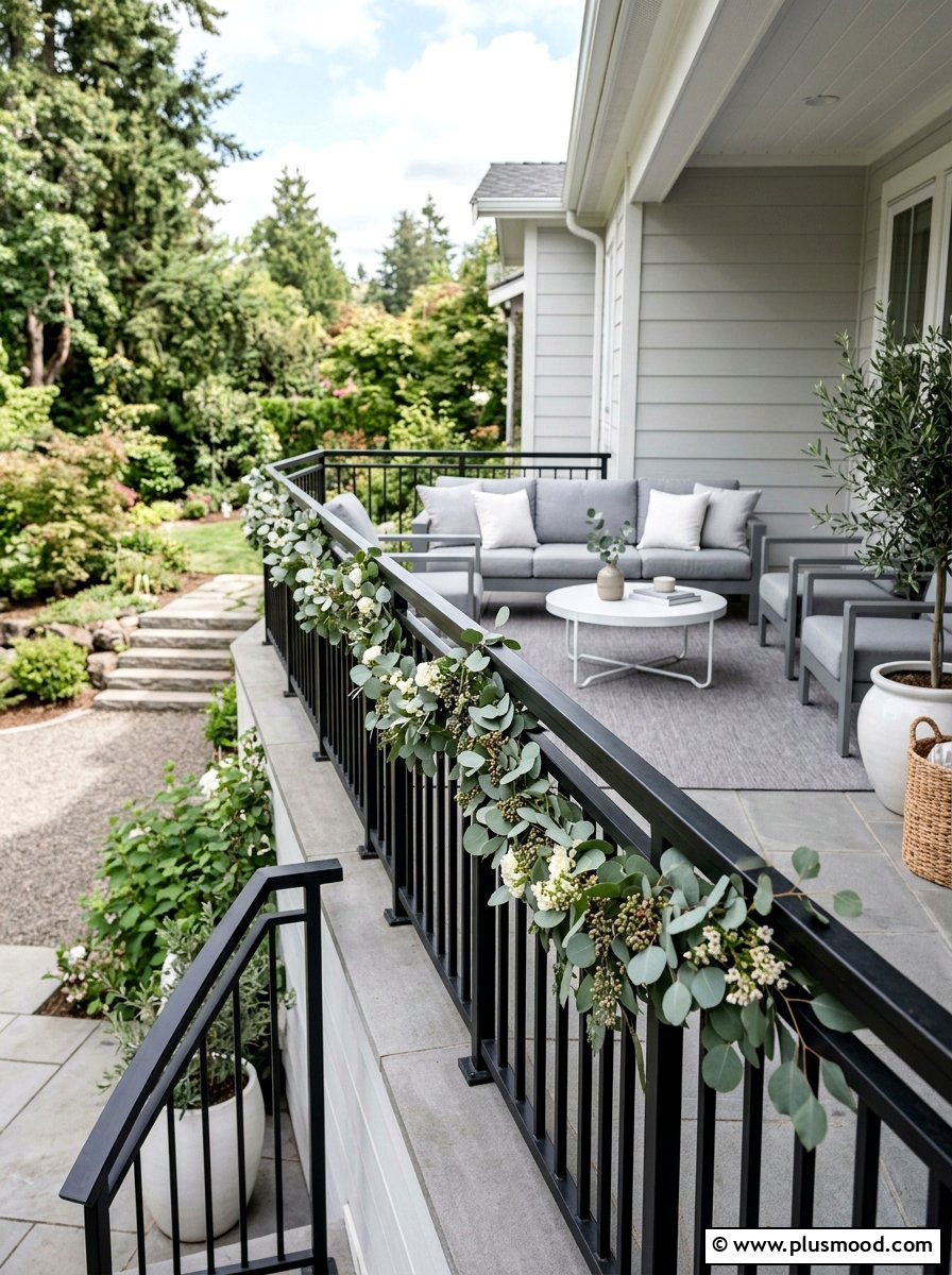 Eucalyptus railing garland - 25 summer porch rail decor ideas