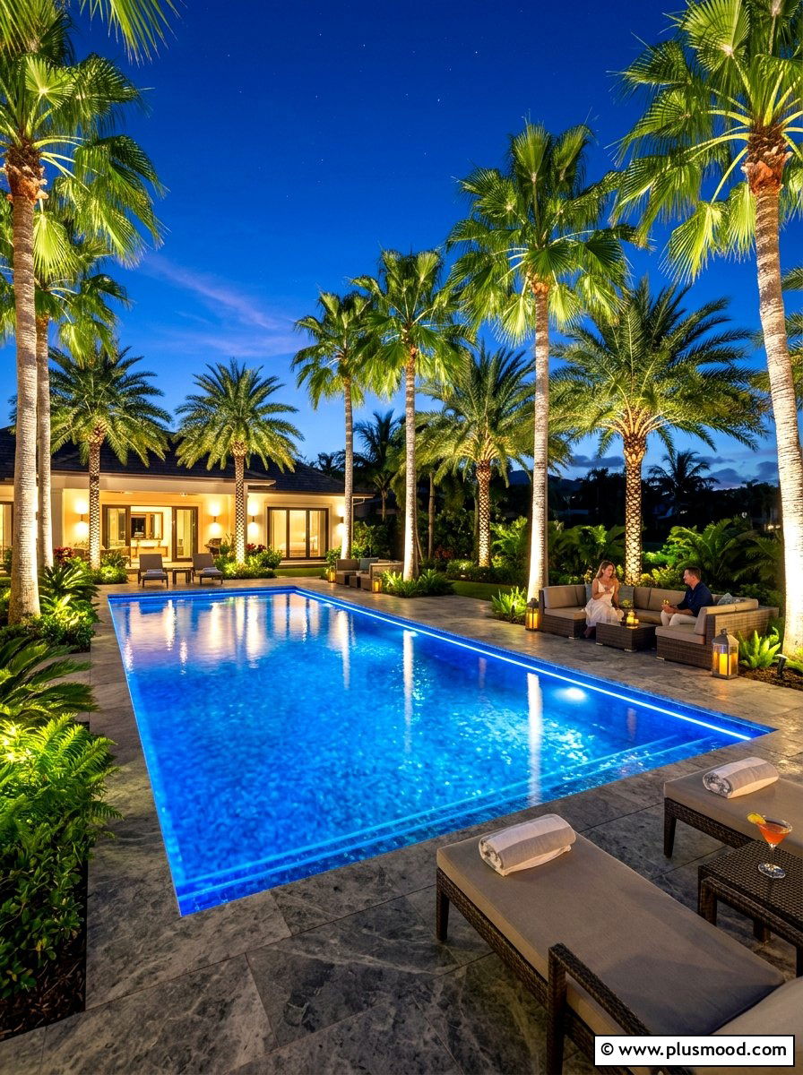 Evening Lighting Pool - 25 summer pool landscaping ideas