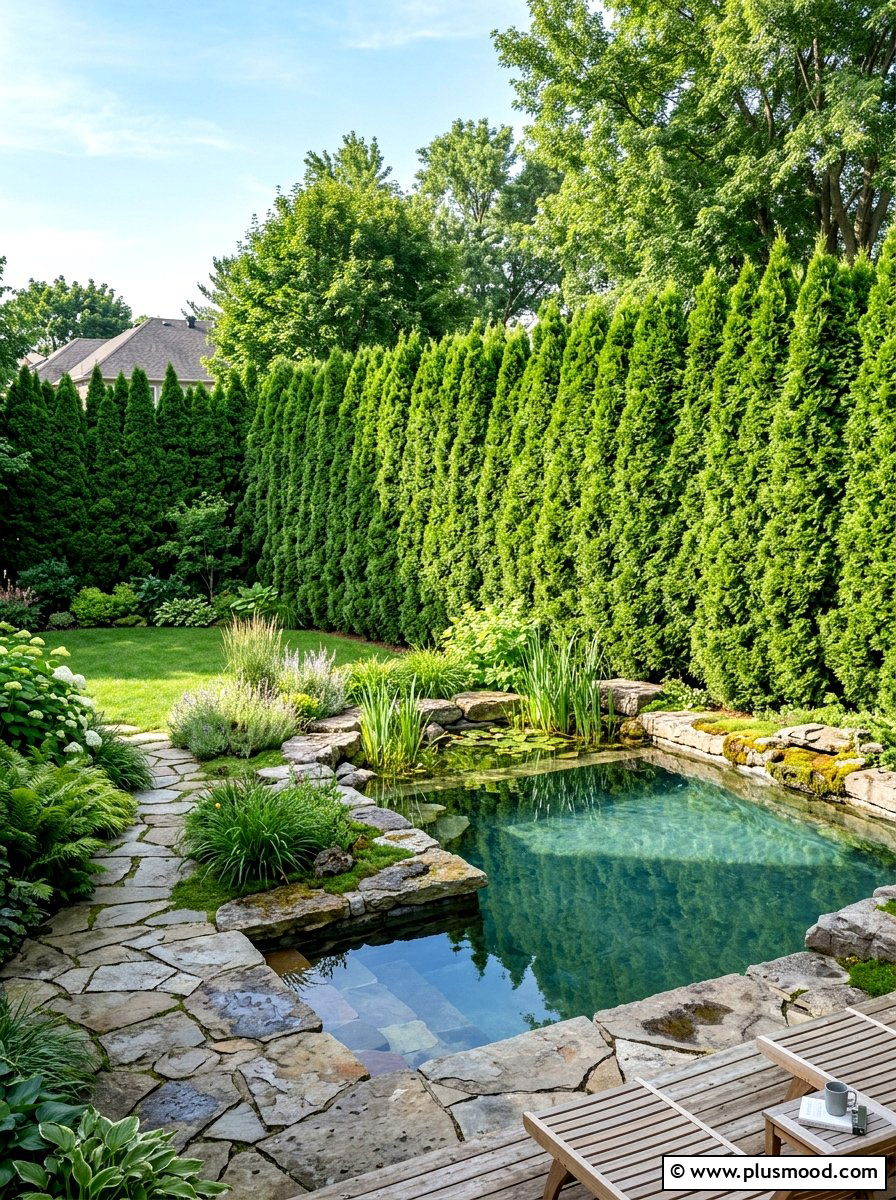 Evergreen Privacy Hedge - 25 pool landscaping ideas for natural pools