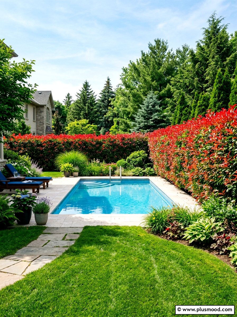 Evergreen pool hedge border - 25 pool landscaping ideas with hedge border