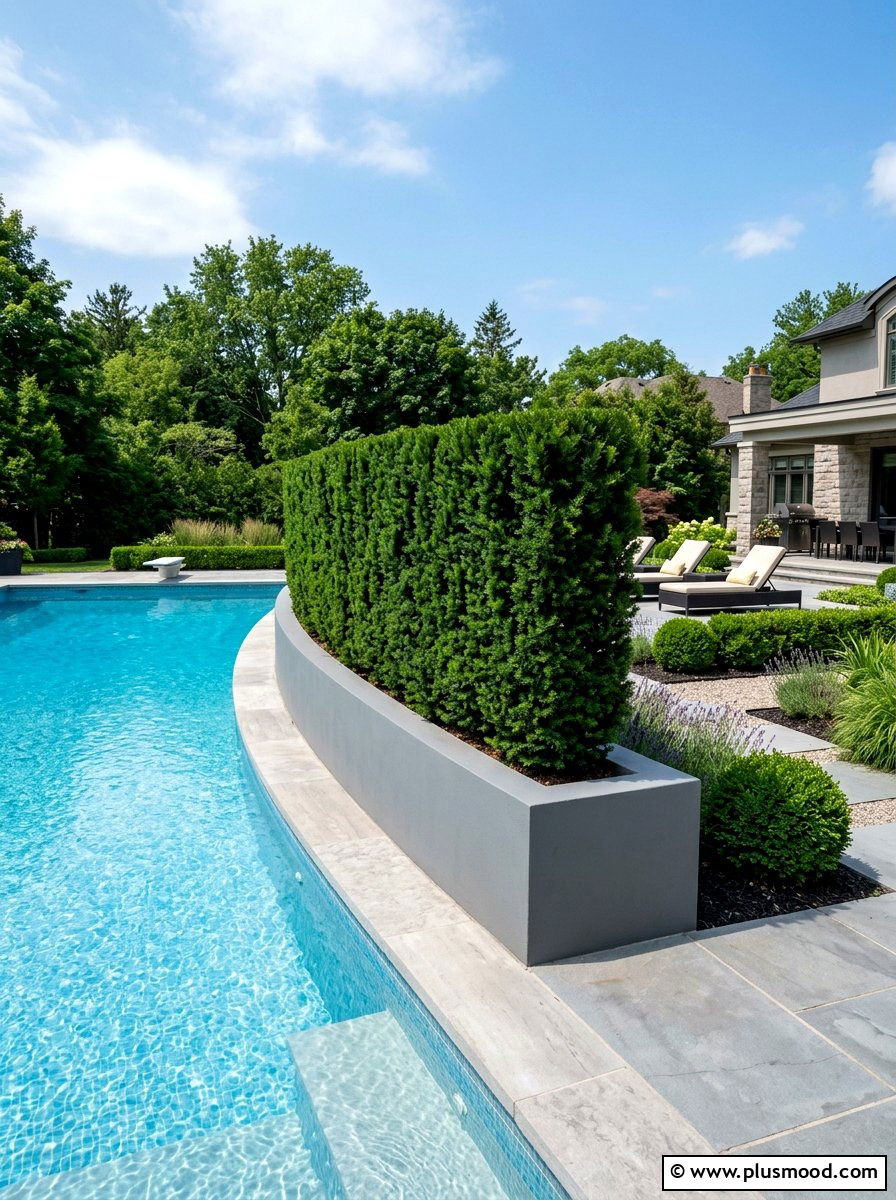 Evergreen pool hedge planter - 25 pool landscaping ideas with curved planters