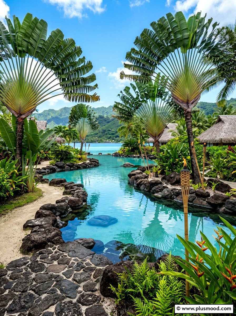 Exotic lagoon pool with traveler palms - 25 pool landscaping ideas with palm trees