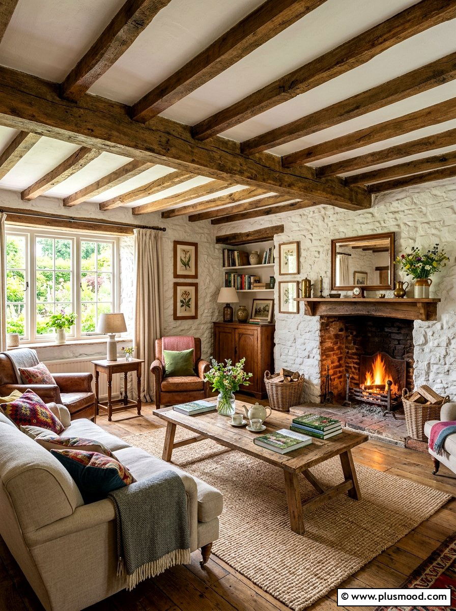 Exposed beam ceiling - 25 summer English cottage summer decor ideas