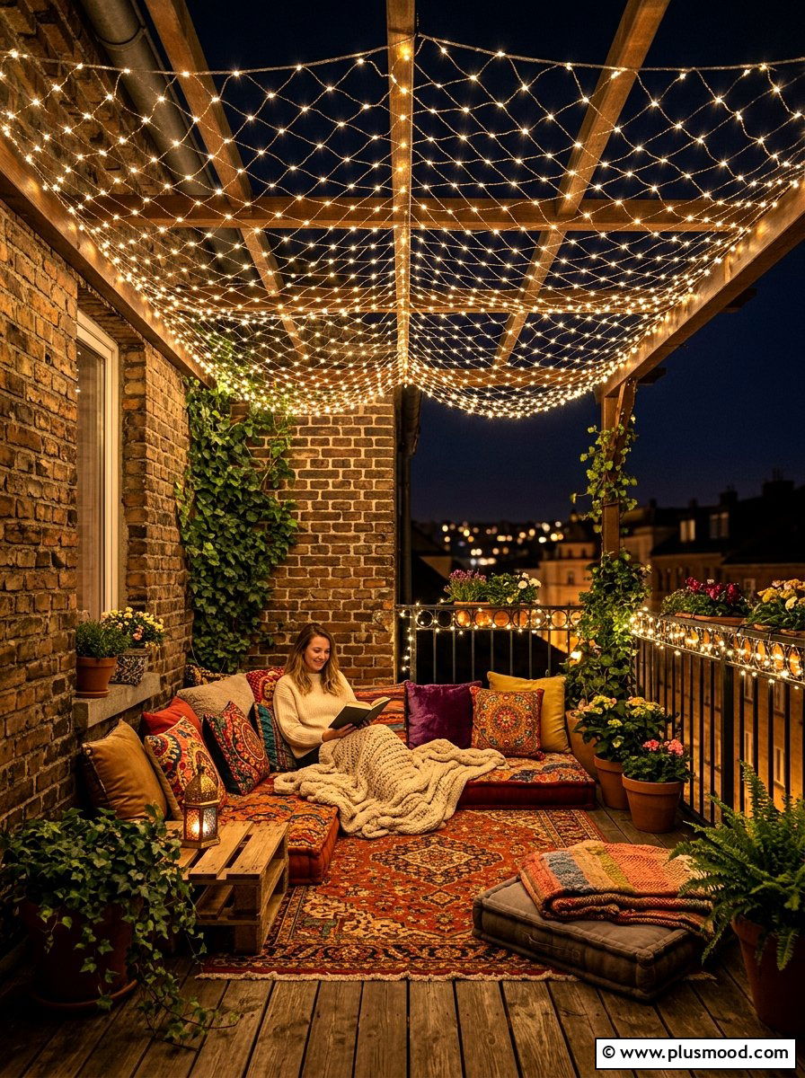Fairy Light Canopy - 25 summer city balcony summer decor ideas