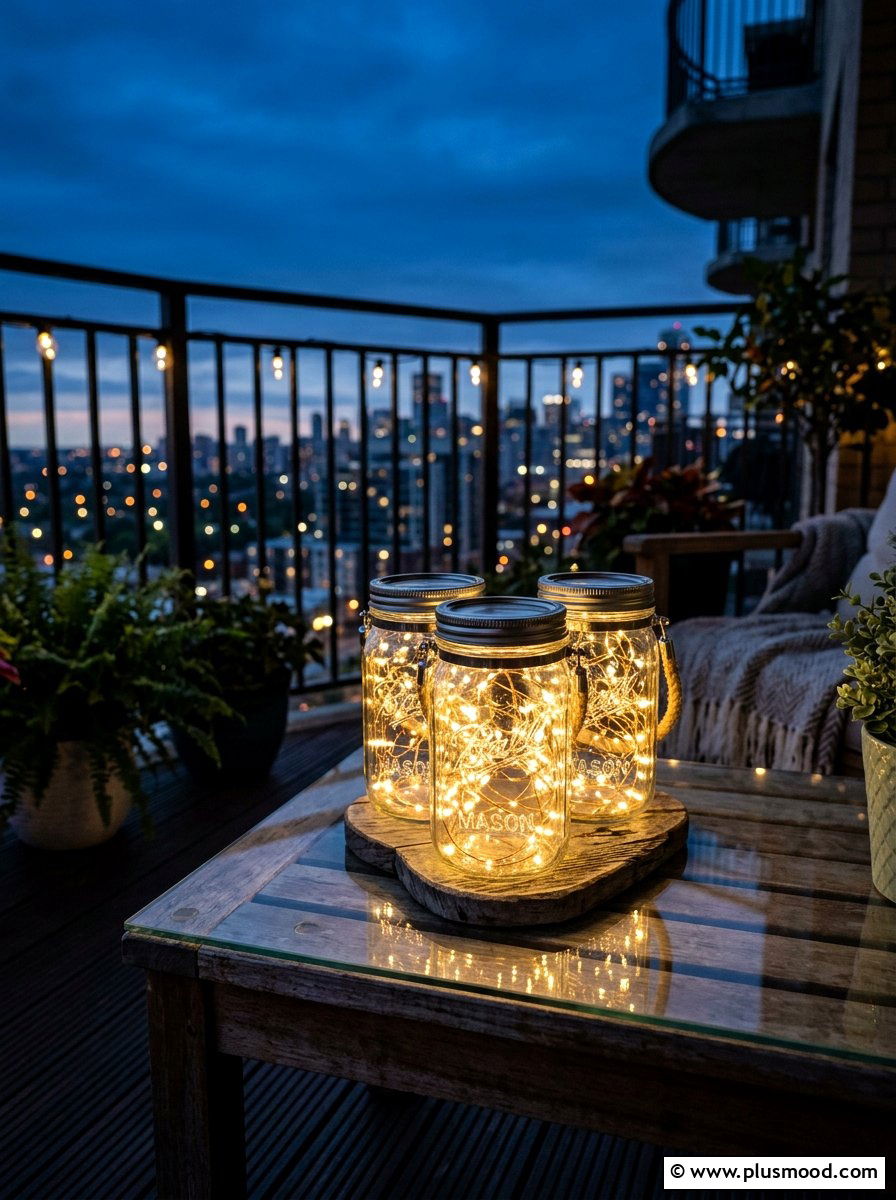 Fairy Light Jar Centerpiece - 25 summer balcony table decor ideas