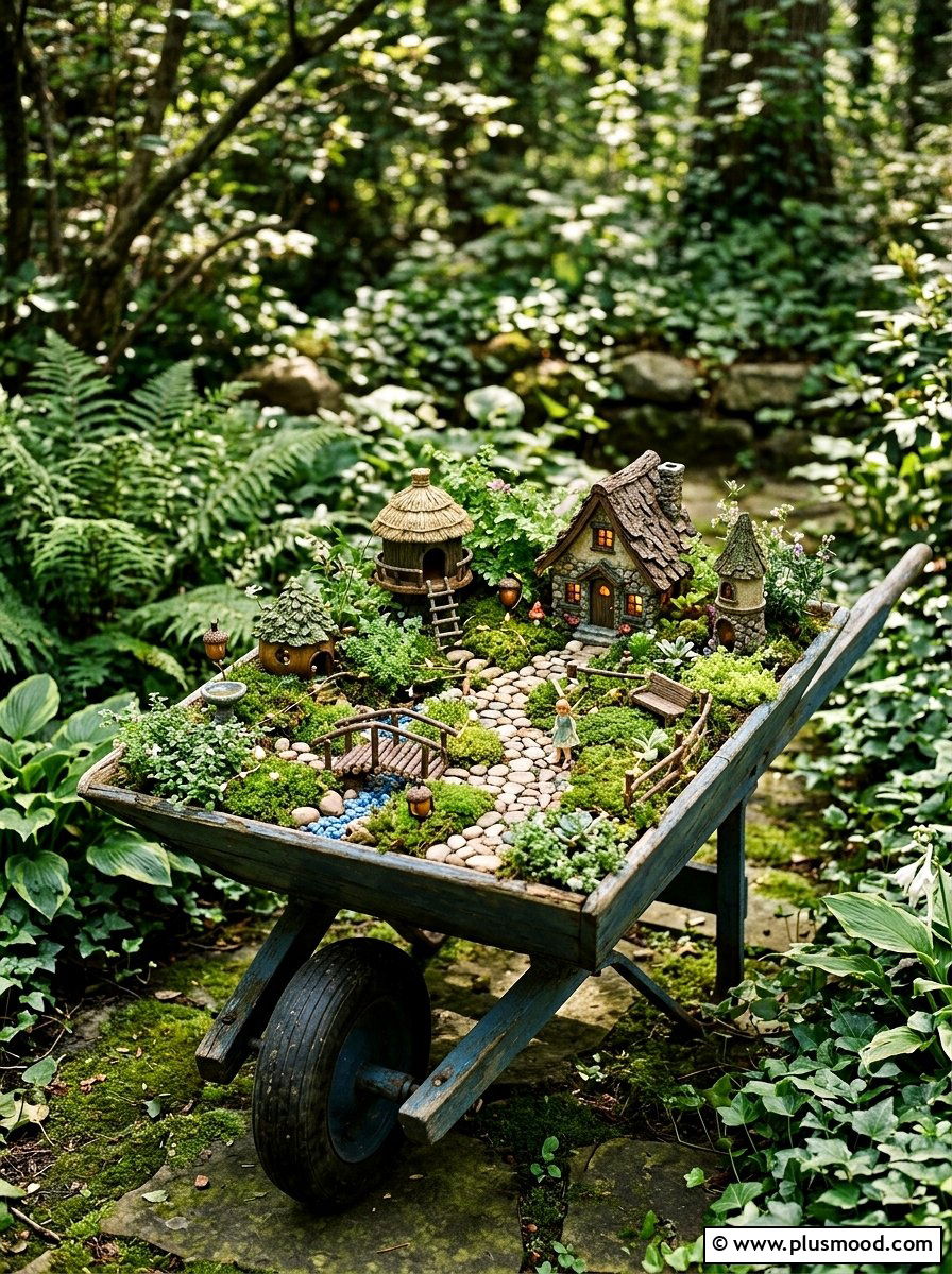 Fairy garden in a wheelbarrow - 25 outdoor garden decor ideas with wheelbarrow planter