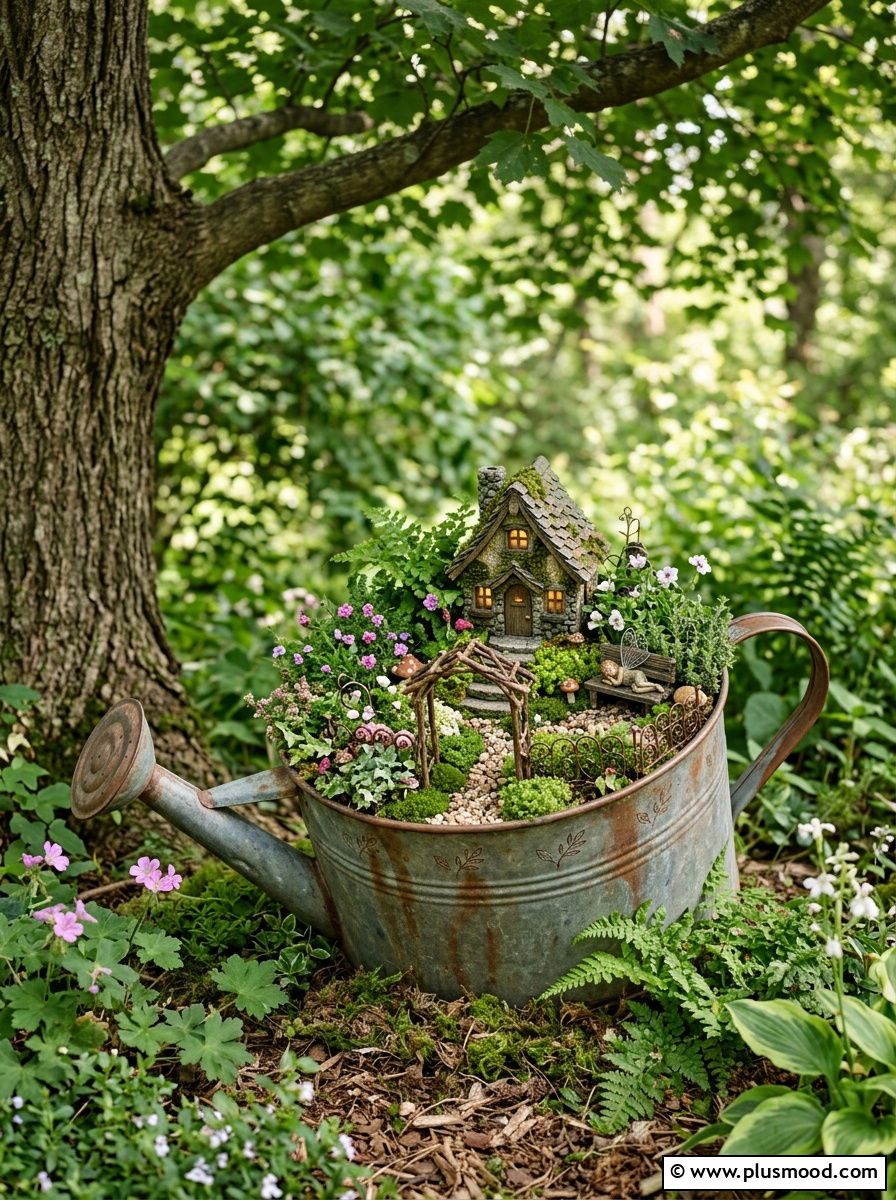 Fairy garden watering can - 25 outdoor garden decor ideas with watering cans