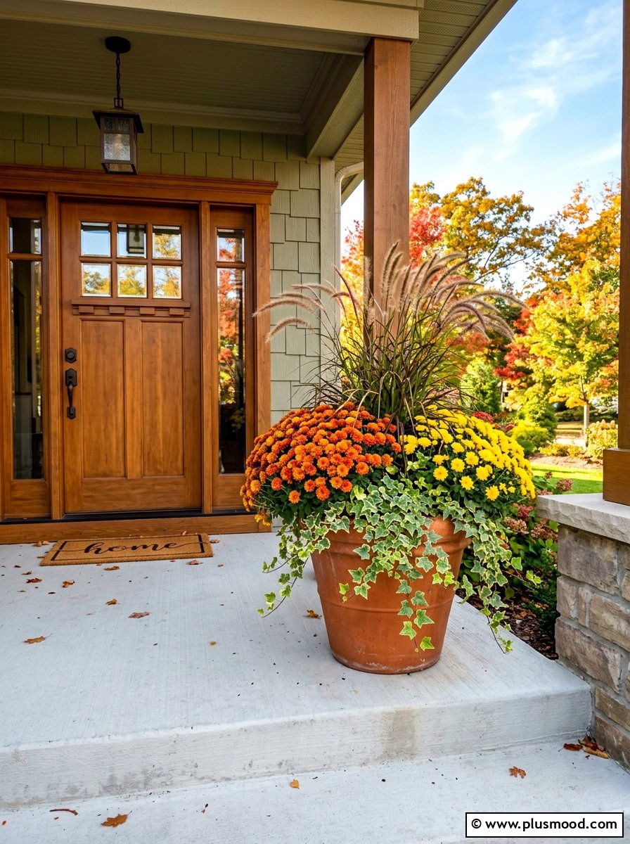 Fall Porch Planter With Mums - 25 summer to fall porch decor ideas