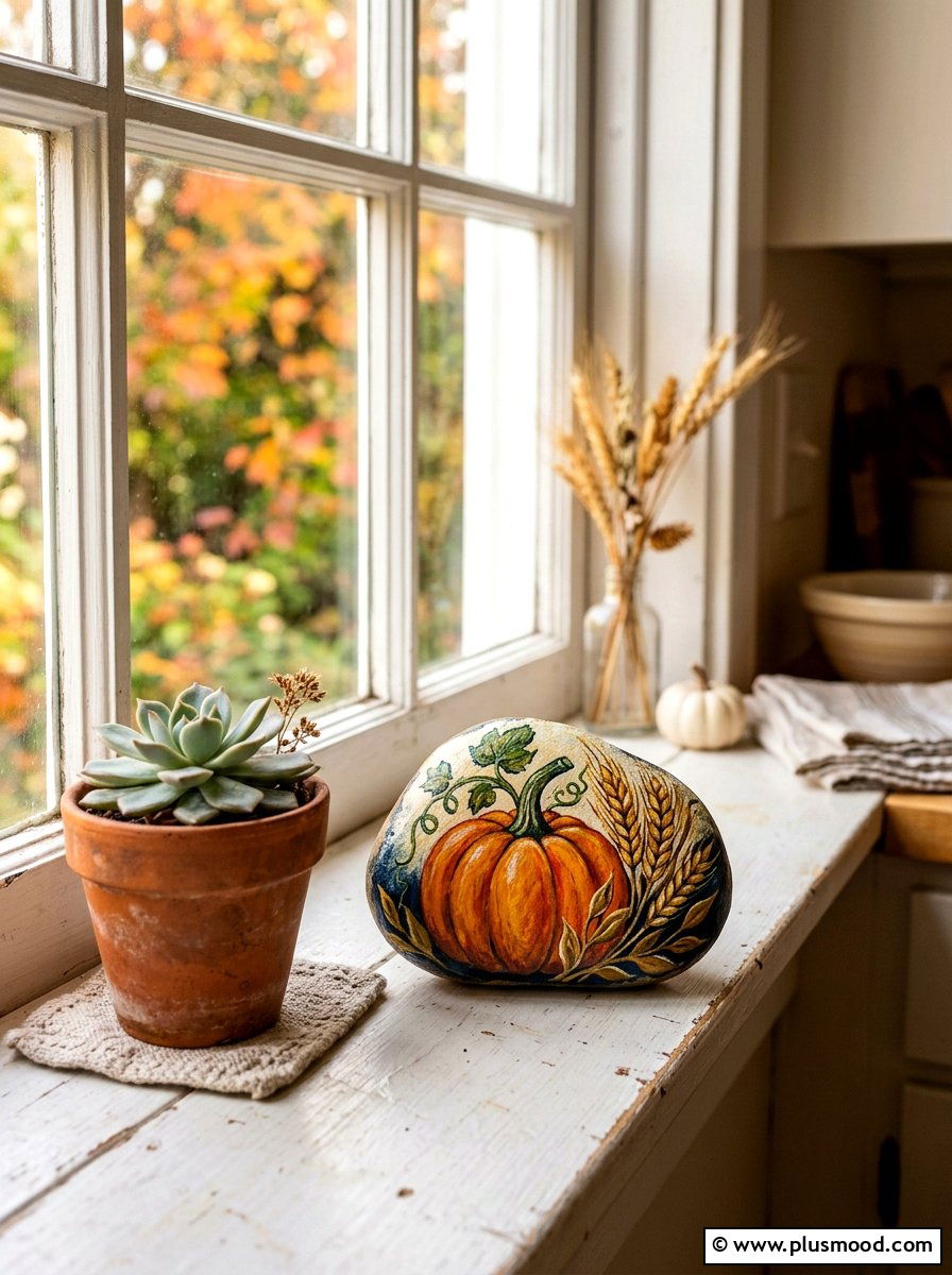Fall harvest pumpkin rock - 25 painted rock ideas with pumpkin art