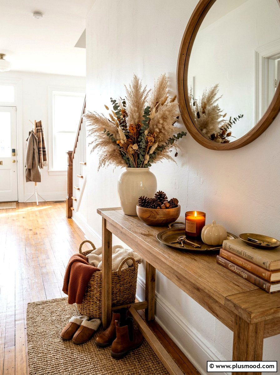 Fall inspired entryway vignette - 25 summer to fall transition decor ideas