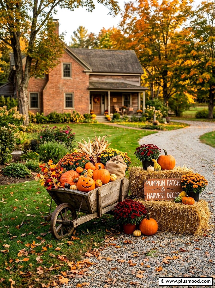 Fall pumpkin wheelbarrow display - 25 outdoor garden decor ideas with wheelbarrow planter