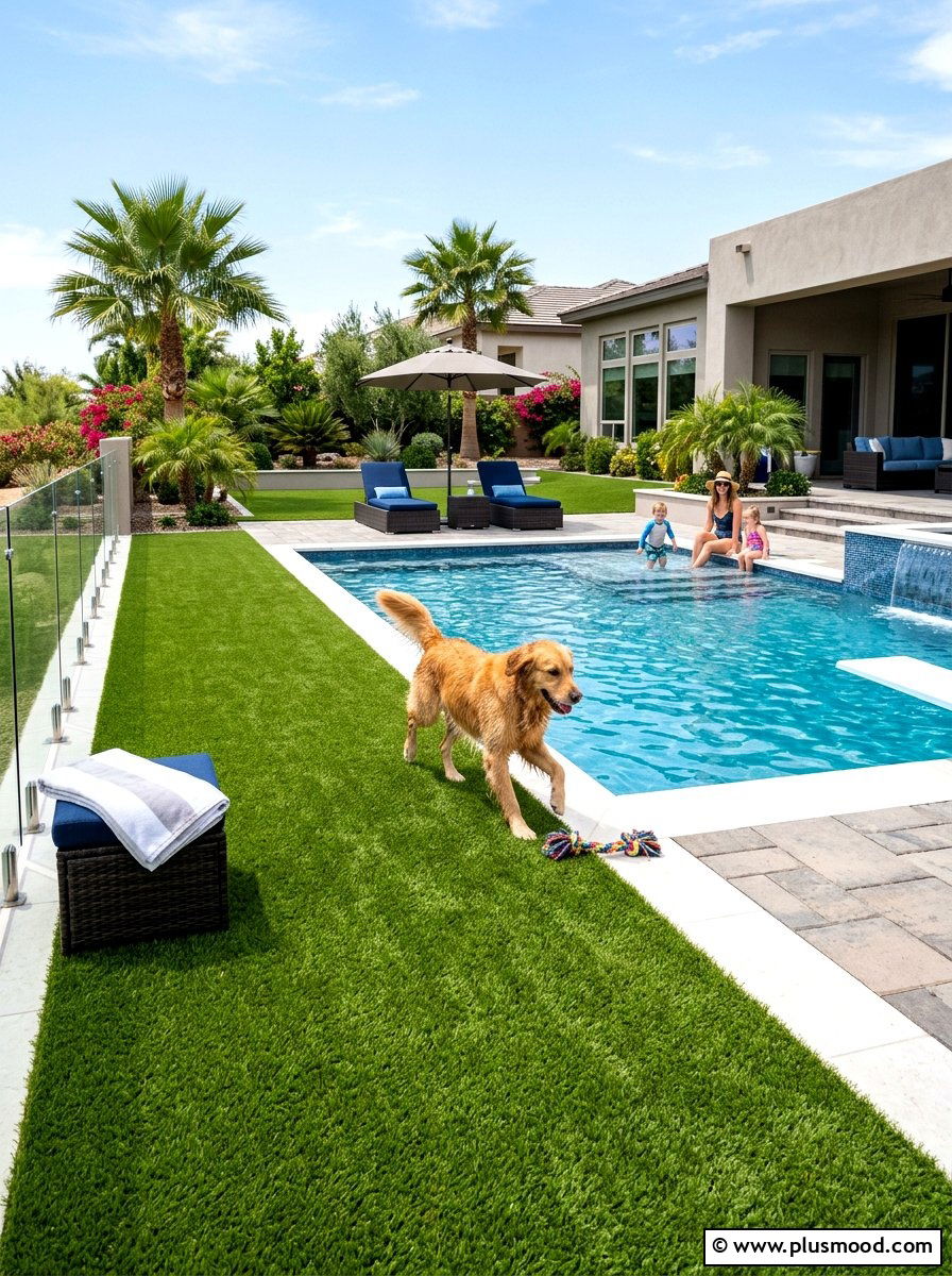 Family pool area with pet turf - 25 pool landscaping ideas with artificial turf
