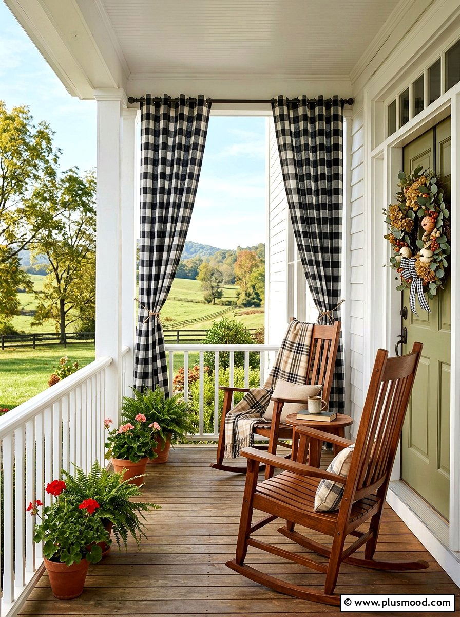 Farmhouse Buffalo Check Curtains - 25 summer patio ideas with outdoor curtains