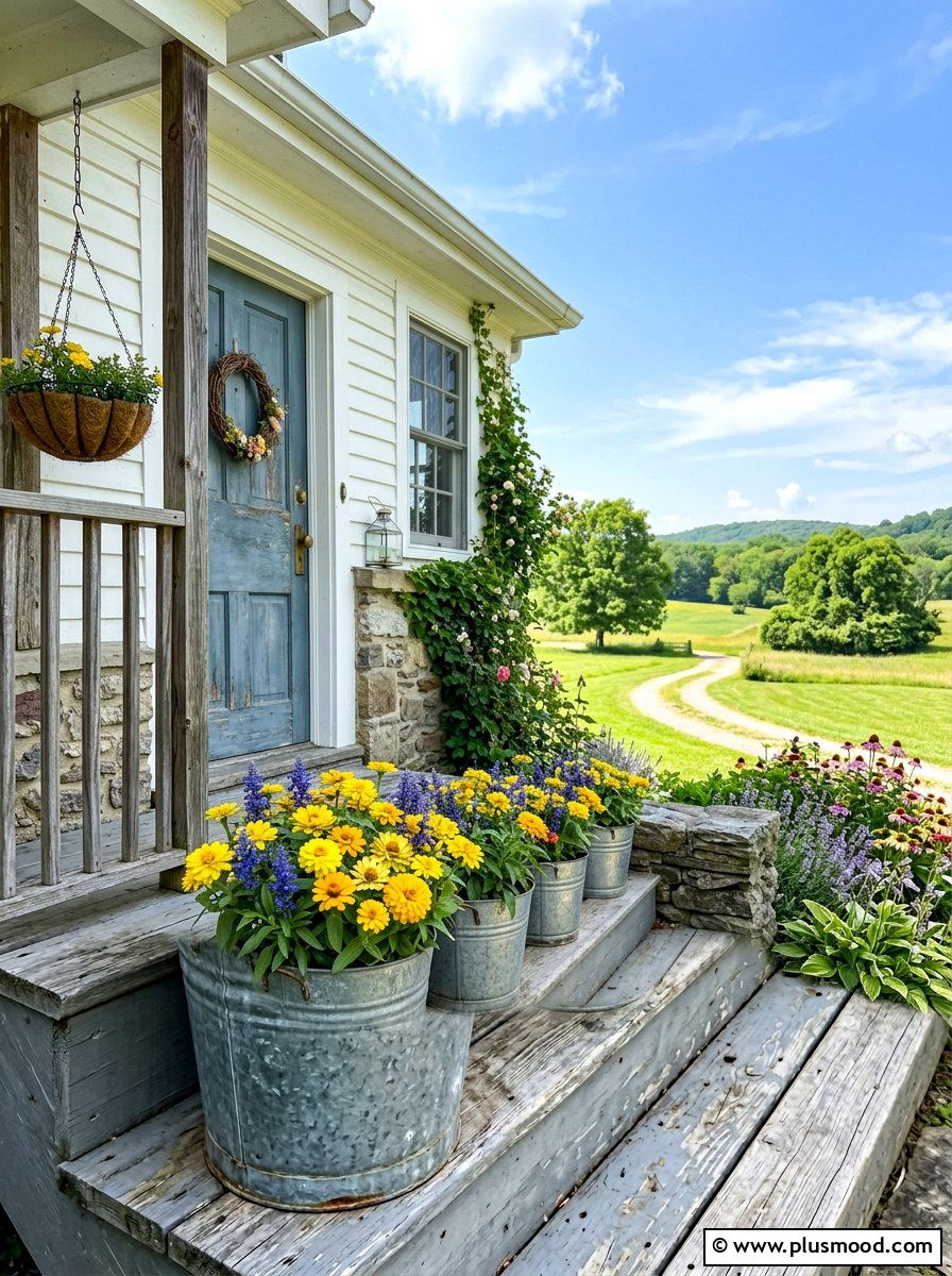 Farmhouse Galvanized Bucket Flowers - 25 summer flower pot arrangement ideas for front porch