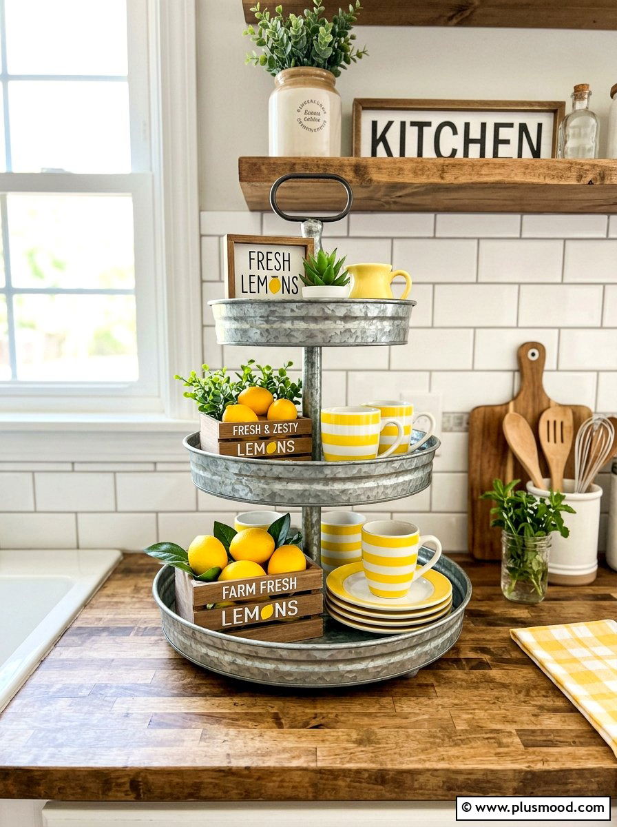 Farmhouse Lemon Tiered Tray - 25 summer kitchen decor ideas with lemons