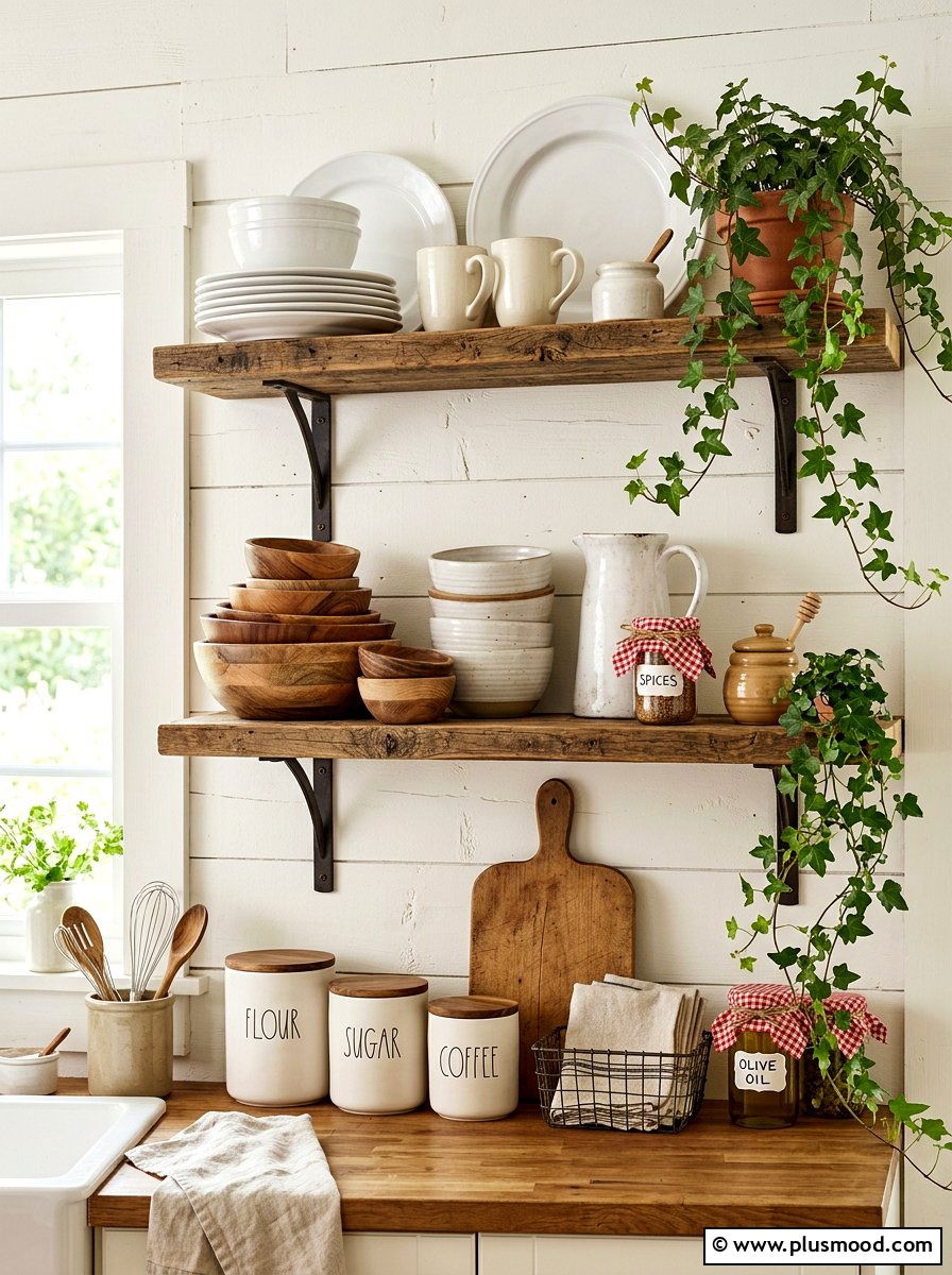 Farmhouse Open Shelves - 25 summer picnic style kitchen decor ideas