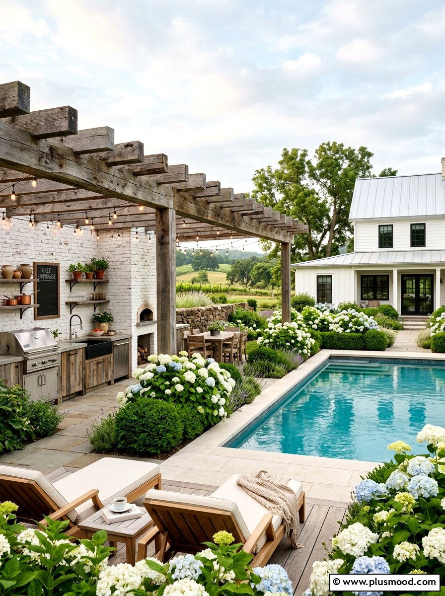 Farmhouse Outdoor Kitchen - 25 pool landscaping ideas with outdoor kitchen