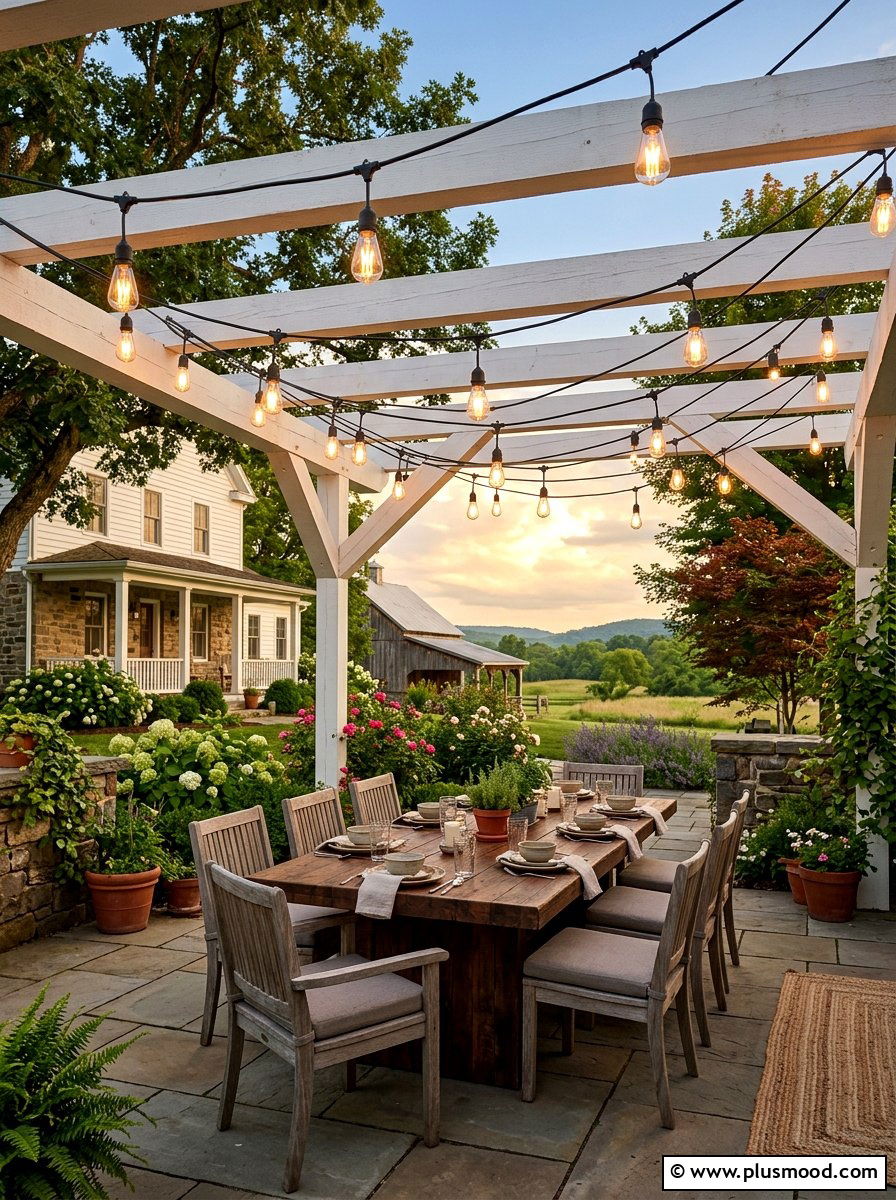 Farmhouse Patio Festoon Lighting - 25 small backyard ideas with pergola lights