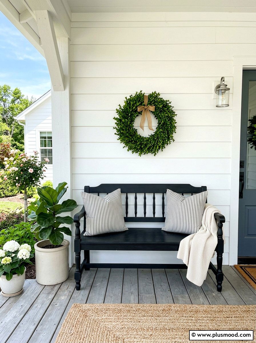 Farmhouse Porch Bench - 25 summer front porch decor ideas for white house