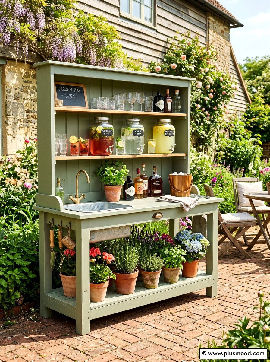 Farmhouse Potting Bench Bar - 25 summer patio bar ideas