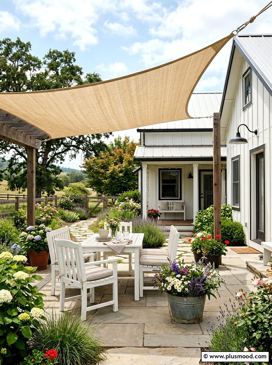 Farmhouse Style Backyard With Canvas Sun Shade - 25 small backyard ideas with shade sail