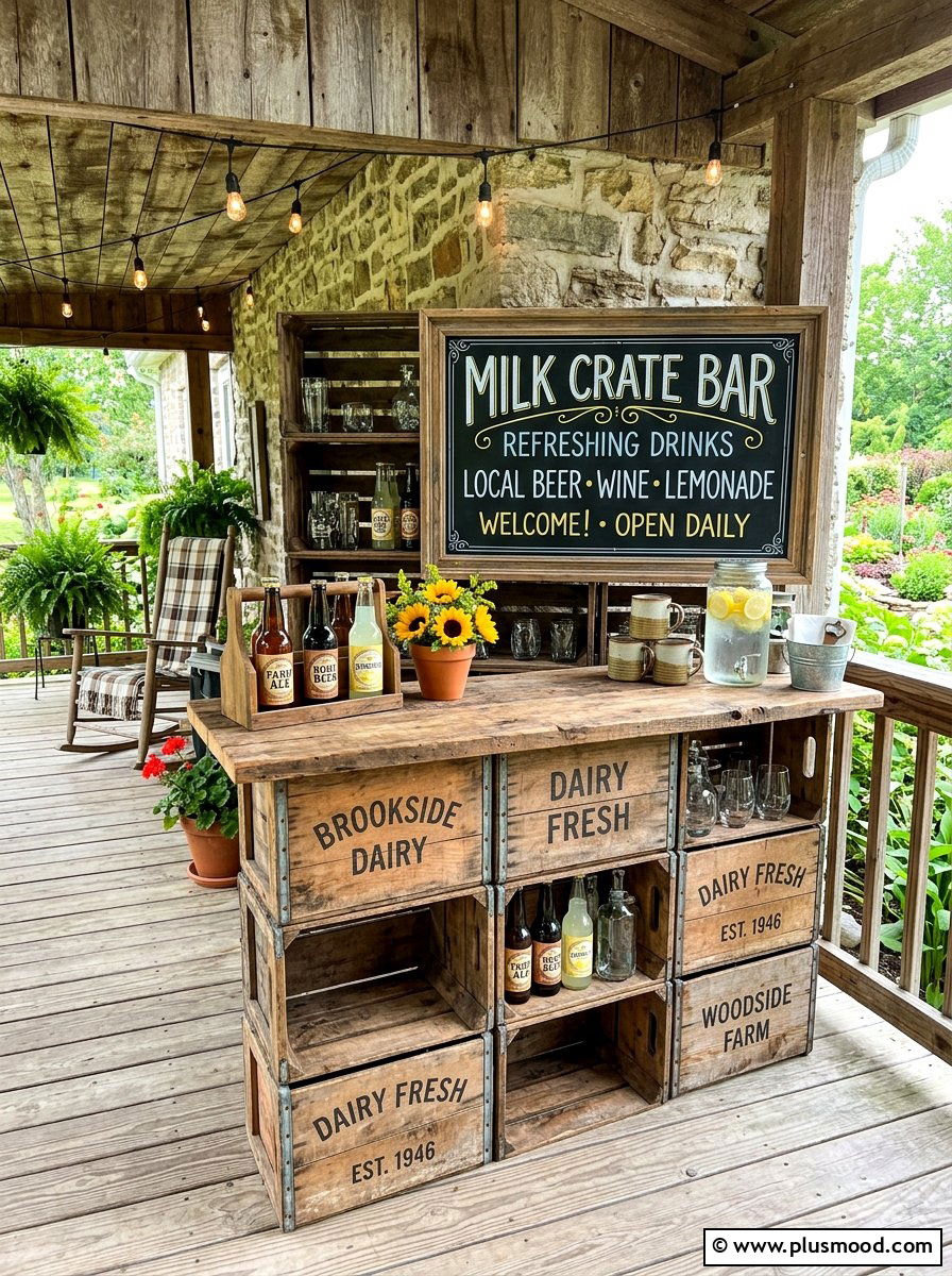 Farmhouse Style Milk Crate Bar - 25 summer drink station ideas for summer