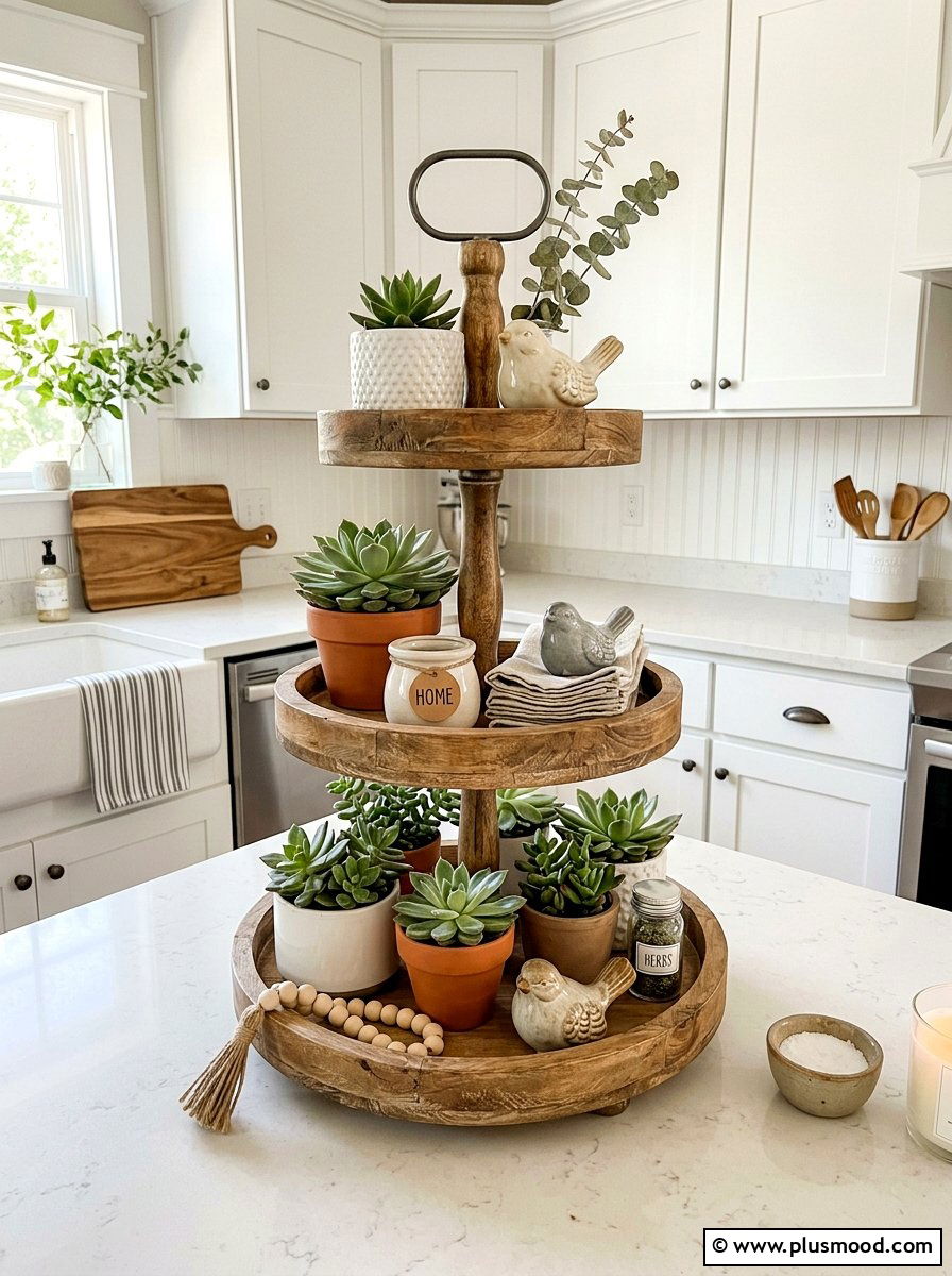 Farmhouse Tiered Tray - 25 summer kitchen decor ideas on a budget