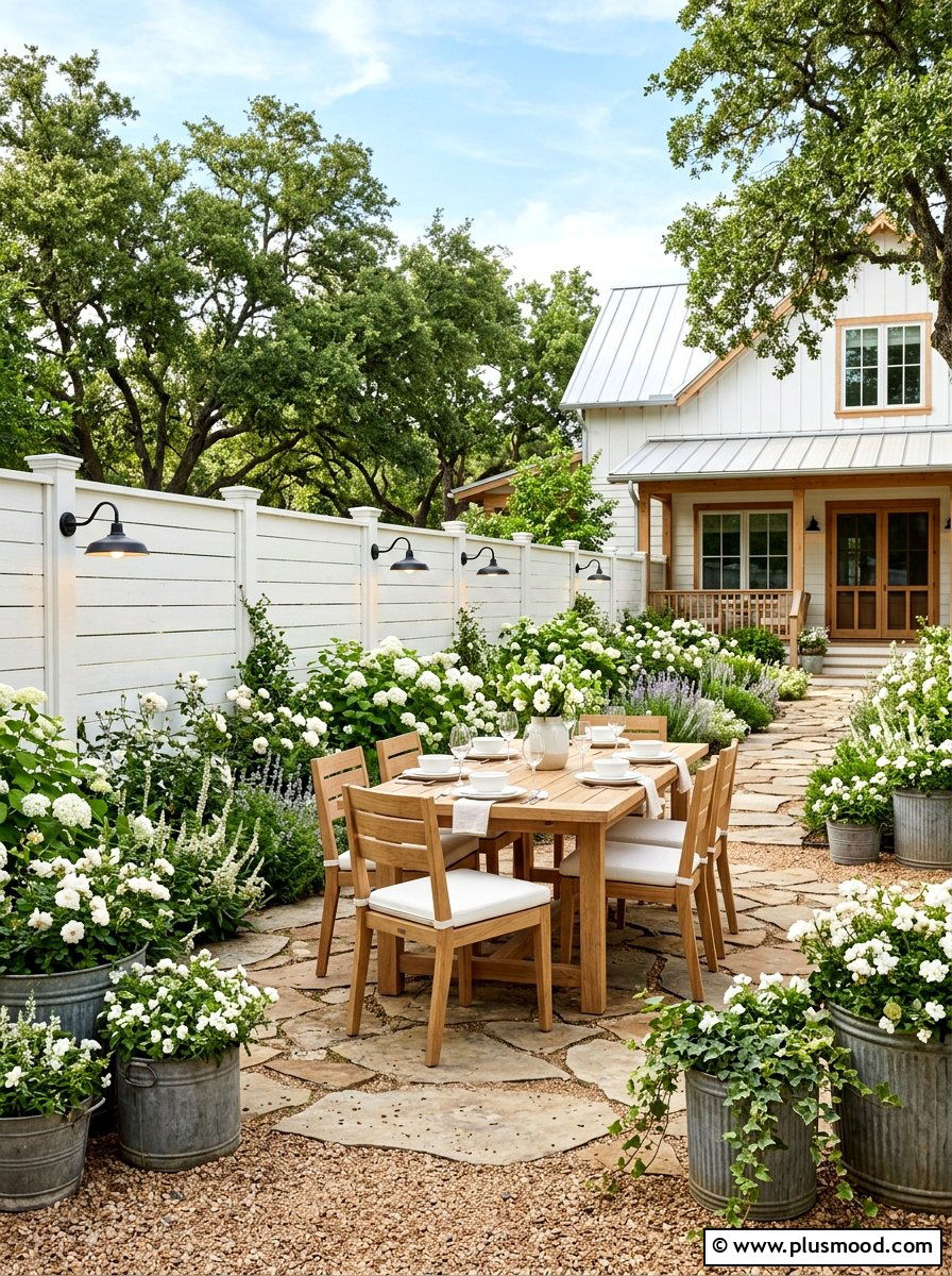 Farmhouse White And Natural Wood Backyard - 25 small backyard ideas with color scheme