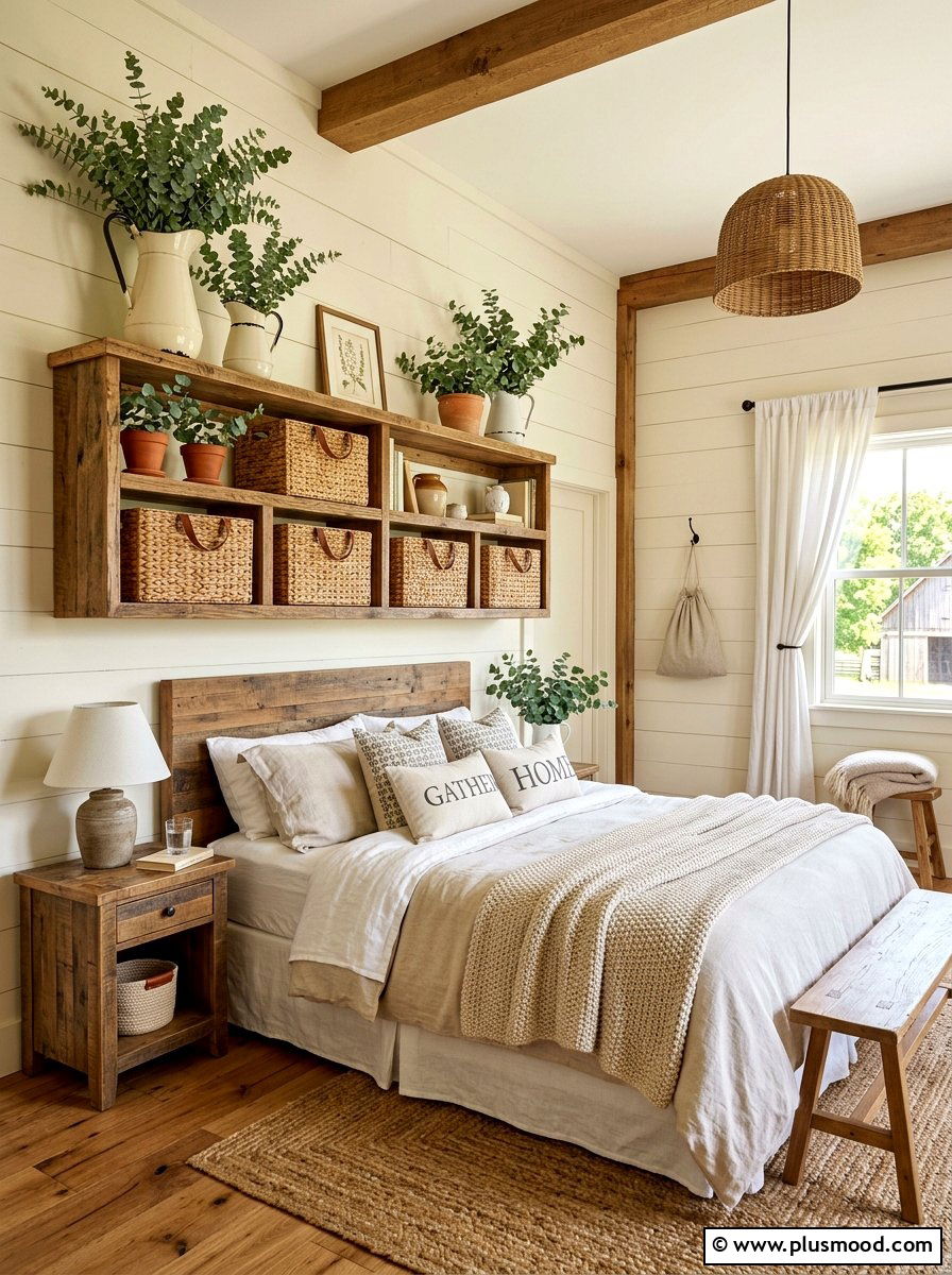 Farmhouse Wicker Bedroom Shelf - 25 summer bedroom shelf decor ideas